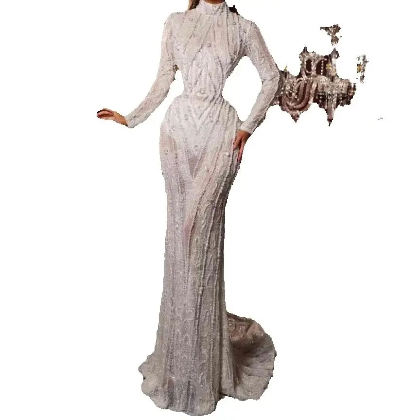 Elegant High Neck Lace Wedding Dresses Fashion Long Sleeve Mermaid Bridal Gown Floor Length vestidos de novia Customized