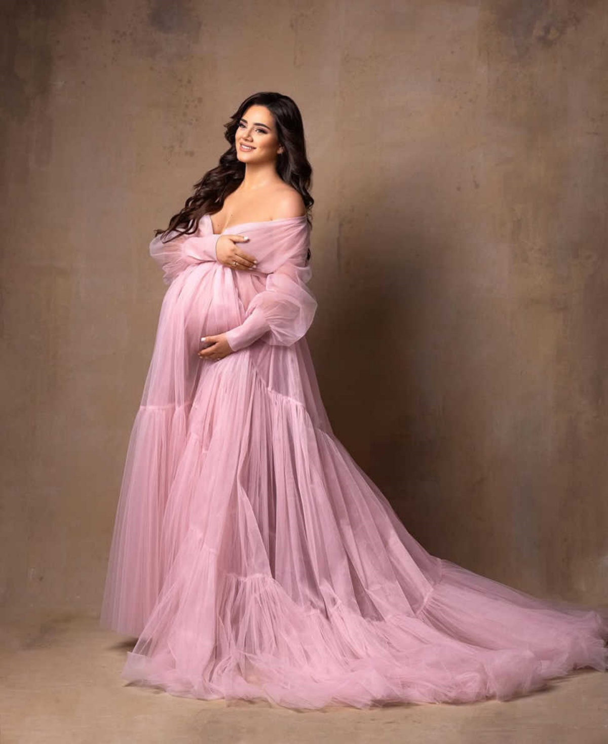 Fluffy Purple Ruffle Tulle Maternity Dress Off Shoulder Long Sleeves For Photoshoot Pregnancy Maternity Gown Robes