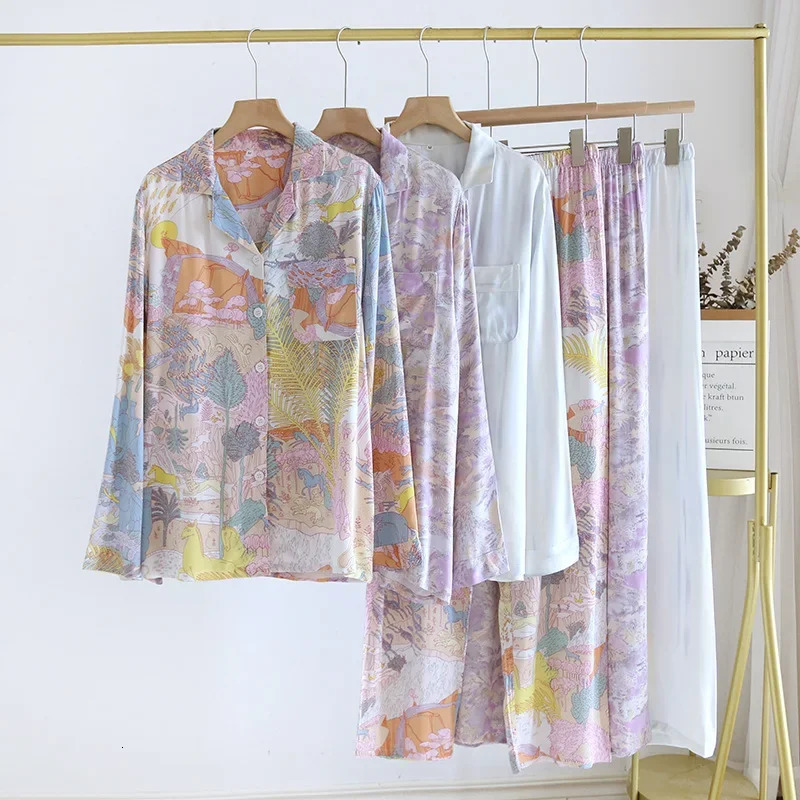 Printed Long Sleeved Pants Home Clothing Set for Womens Spring and Summer est Cotton Pajamas Smooth Drape Feeling 250730