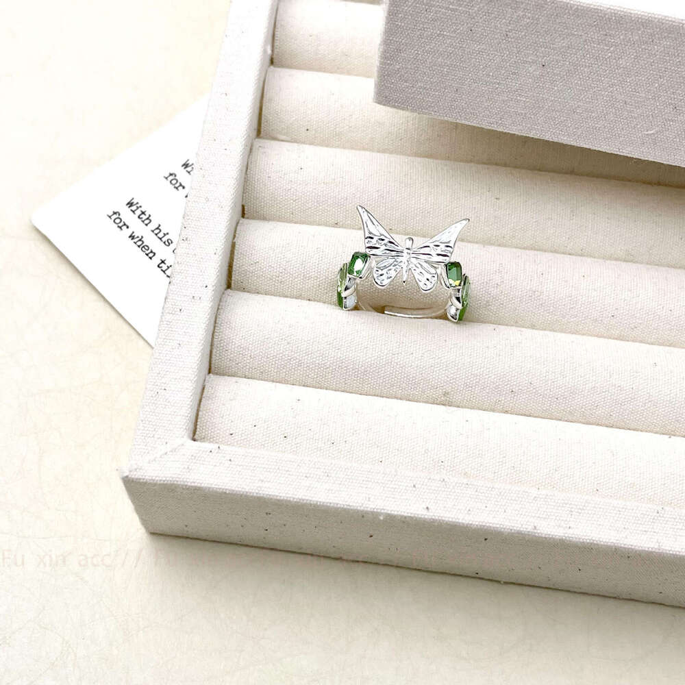New Chinese National Style Green Zircon Butterfly Light Niche Design Exquisite Fashion High-end Sense Ring for Women 048