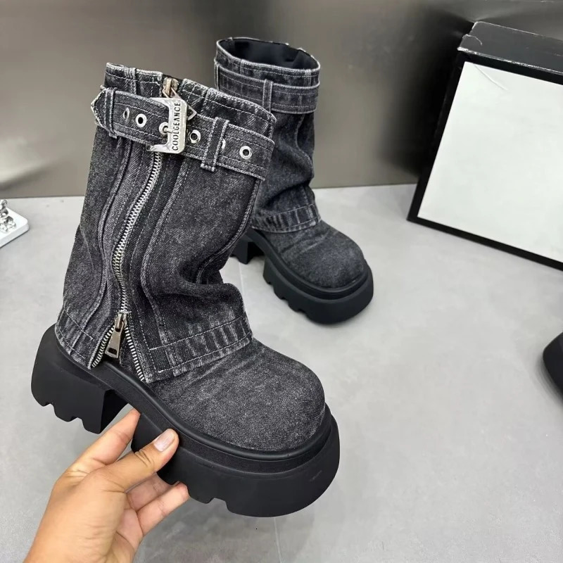 Denim Women Ankle Boots Fashion Elegant Side Zippers Belt Buckle Shoes Thick Heel Womens Morder Short Booties 250729