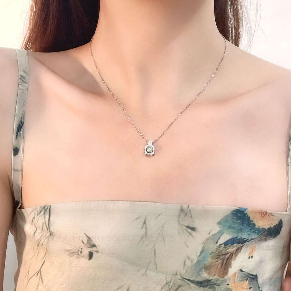 Cool Feeling Natural Hazardous Material Blue Water Jade Square Pendant Necklace Light Simple Clavicle Chain for Women 148