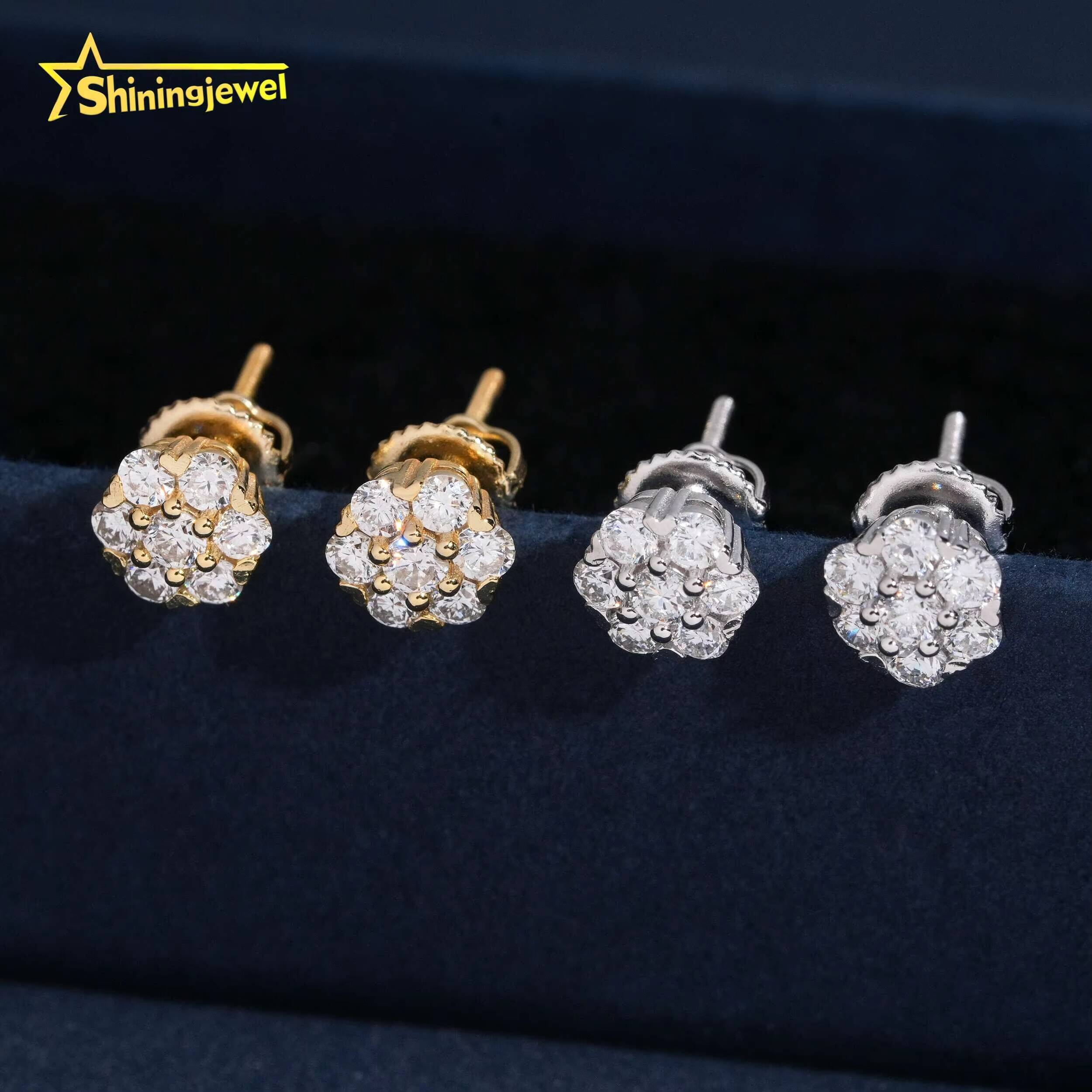 9.5mm Fashion Flower Earrings Cluster Lab Grown Diamond 925 Sterling Silver Iced Out Lab Diamond Screw Back Earrings