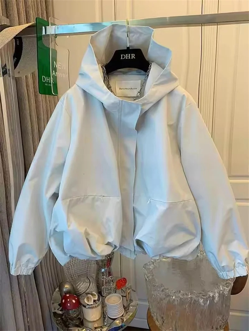 Unique Women Spring Autumn Hooded Short Jacket Casual Drawstring Pocket Windbreaker Loose Zipper Basic Coat 250728