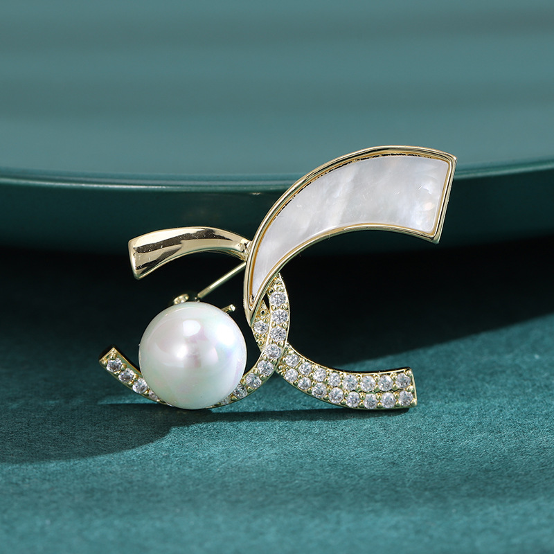 Gold Tone Classic Shaped Brooch With Pearl, Mother - Of - Pearl And Rhinestone Accents Elegant Party Jewelry And Gift For Her High Quality And Stylish