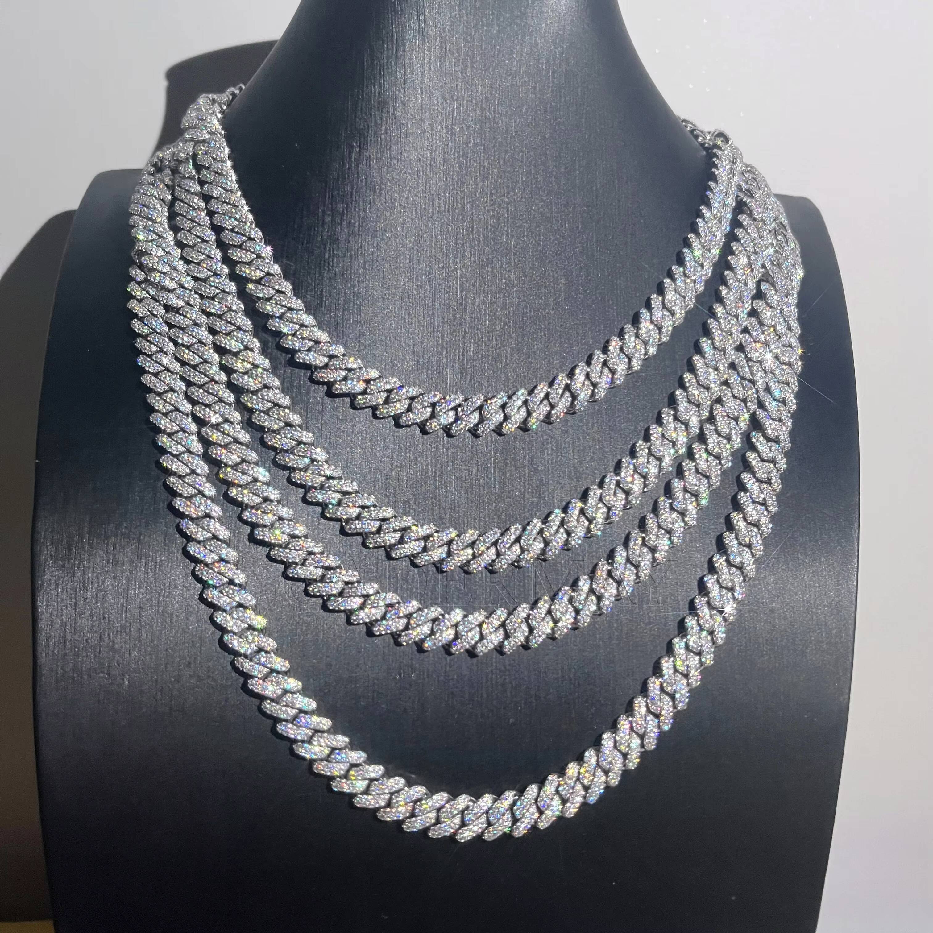 Hip Hop Jewelry in Stock 8mm 10mm 12mm 14mm 16mm 20mm Iced Out 2 Rows Miami Cuban Necklace 925Sliver Moissanite Cuban Link Chain