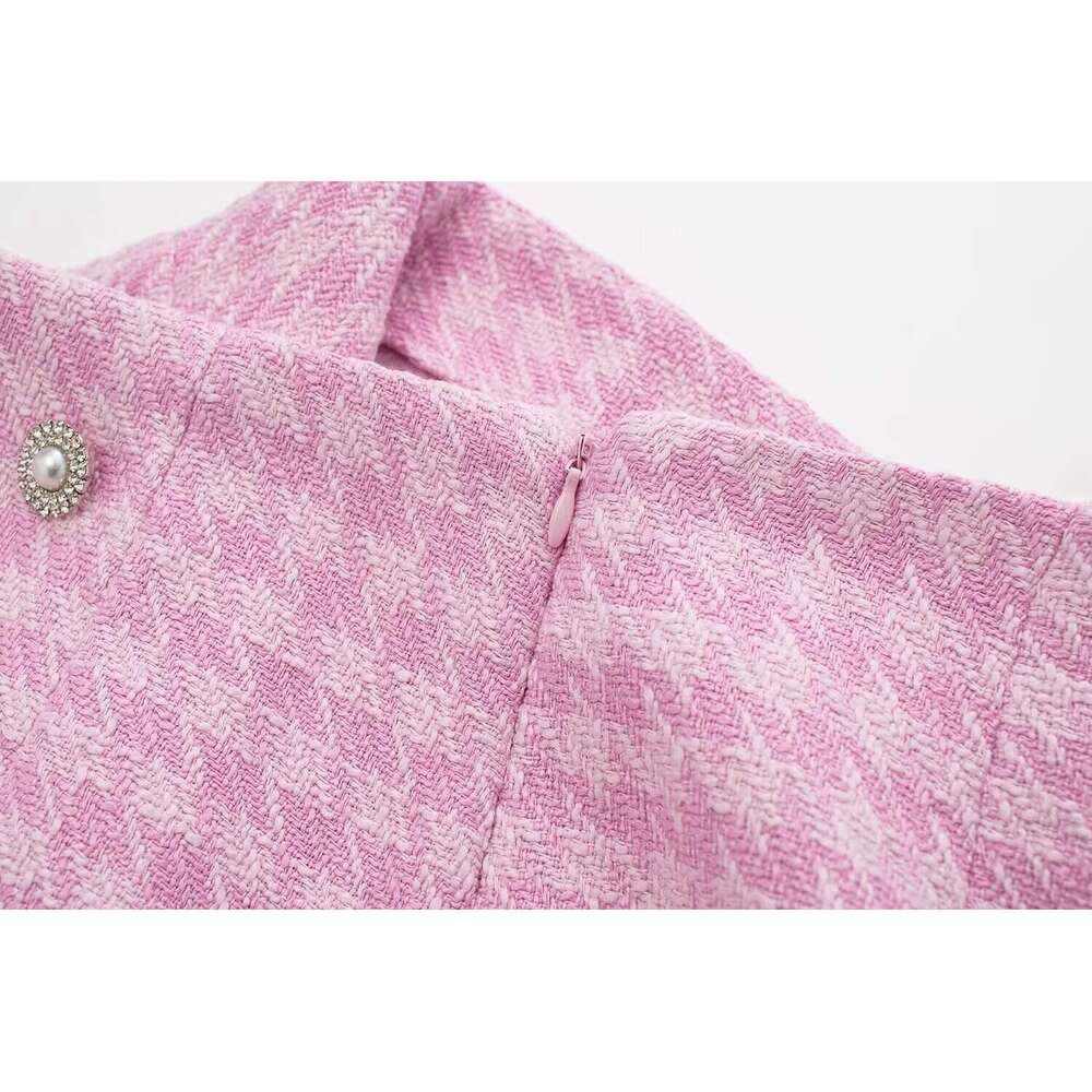 Women's Houndstooth Short Pink Plaid Blazer + Casual Textured Skirt Pants 2024 New Autumn Style