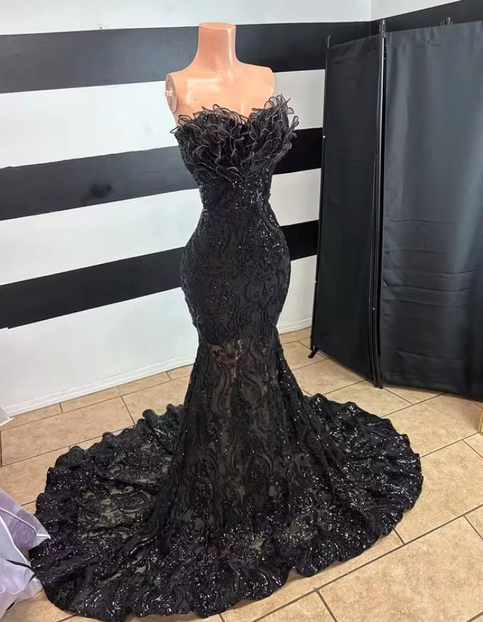 Black Sparkly Long Mermaid Party Occasion Dresses Ruffles Strapless Gillter Corset Top Prom Gala Gown Customsized