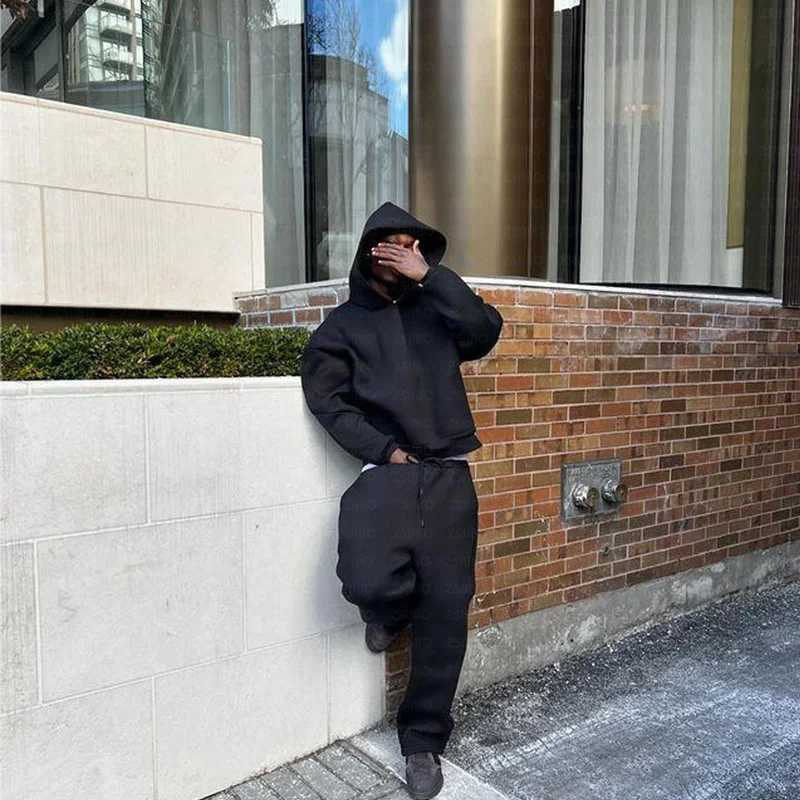 Solid Color Couple Hooded Sweatshirt Casual Loose Sports Pants Set for Autumn and Winter Y2K New Mens Hoodie Fitness Pants Set XJ250731