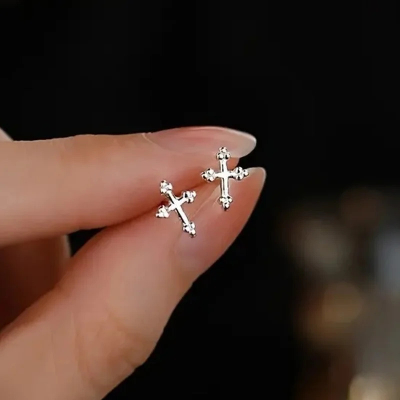 Huitan Dainty Cross Stud Earrings for Women 925 Sterling Silver Glossy Versatile Ear Accessories Delicate Daily Party Jewelry 250729
