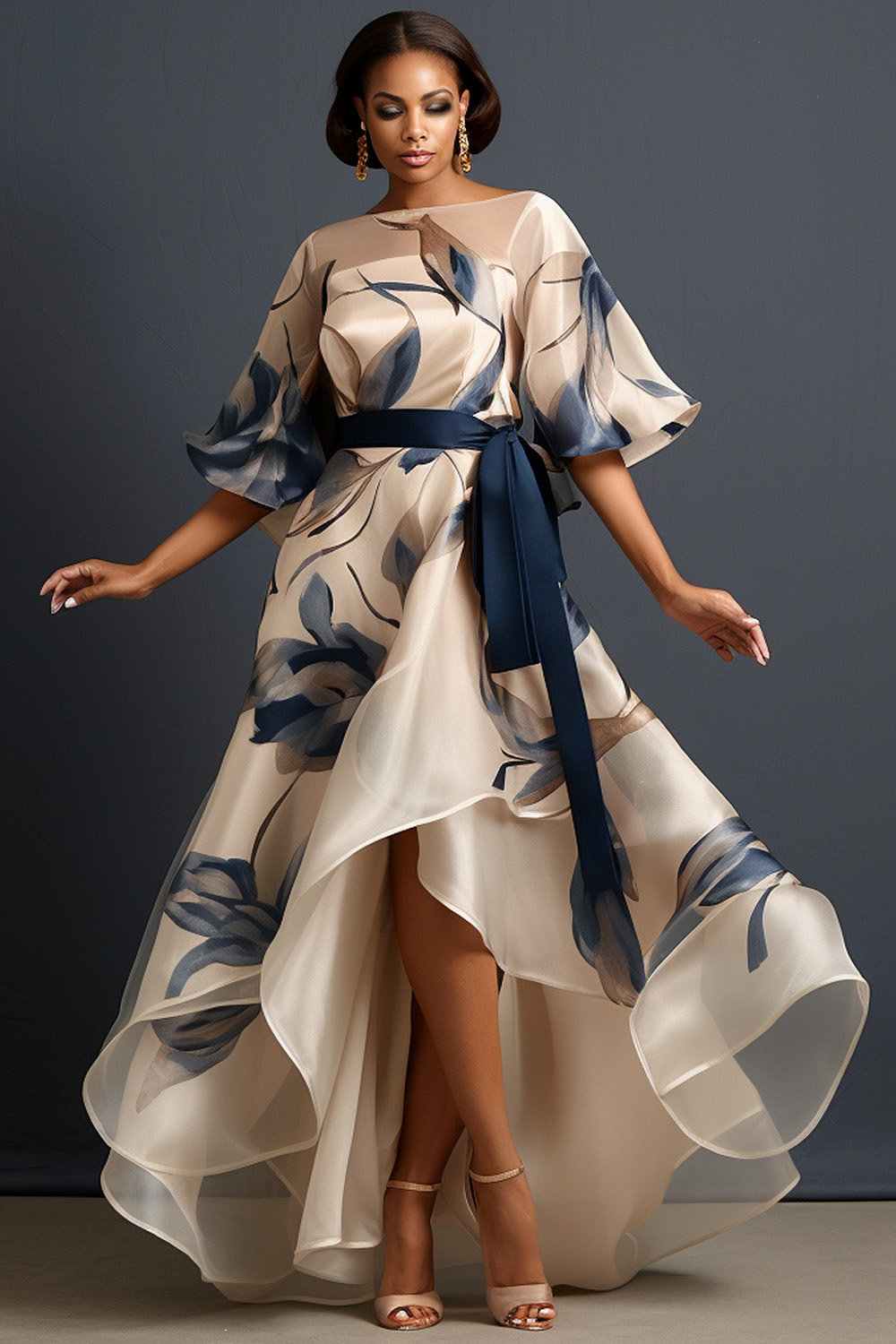 Plus Size Formal Beige Floral Round Neck Half Sleeve See Through Organza Maxi Dresses