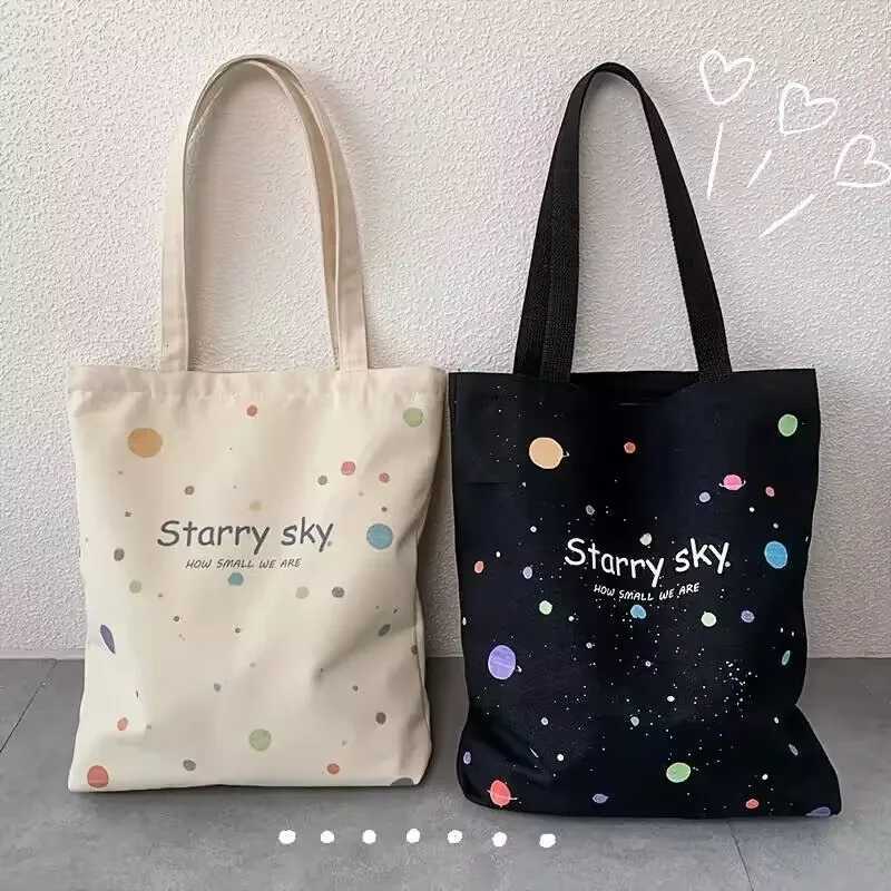 Starry Sky Pattern Canvas Bag Fashion Zipper Tote Bag Trendy Shoulder Bag for School Shopping G250729