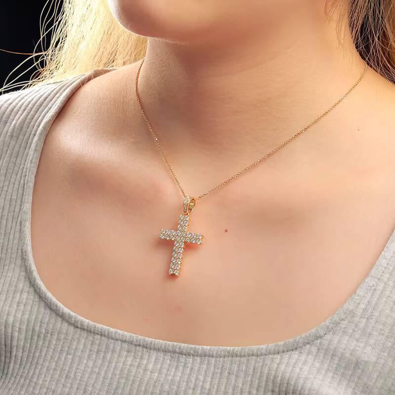 Best Selling Jewelry 925 Sterling Silver 2 Row VVS Moissanite Diamond Iced Out Hip Hop Cross Pendant Necklace