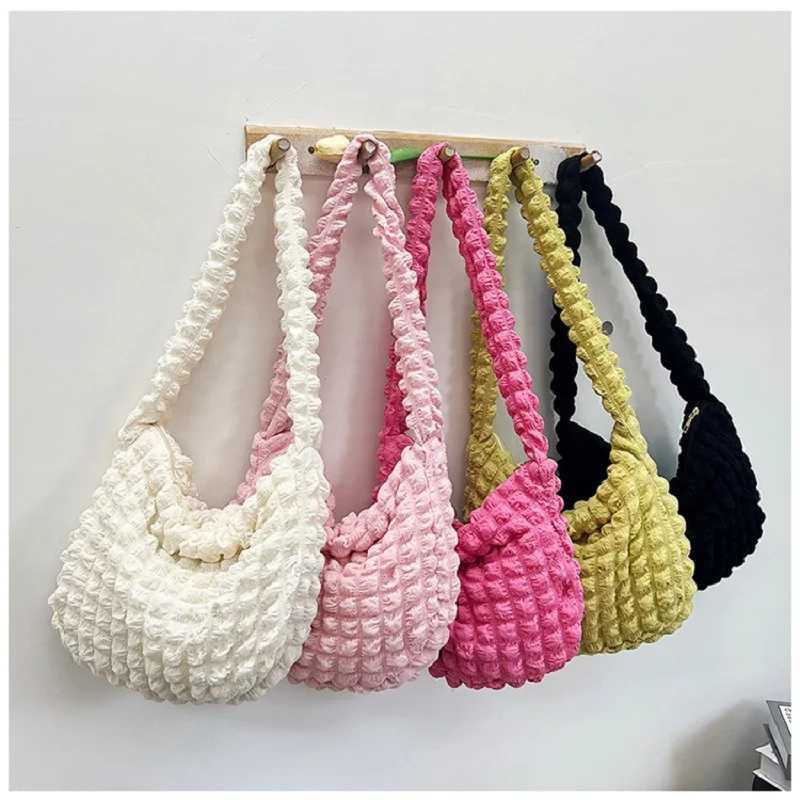 Plaid Quilted Shoulder Bag Cute Pleated Bubbles Large Capacity Underarm Bag Embroidered Solid Color Crossbody Bag Women Y250730