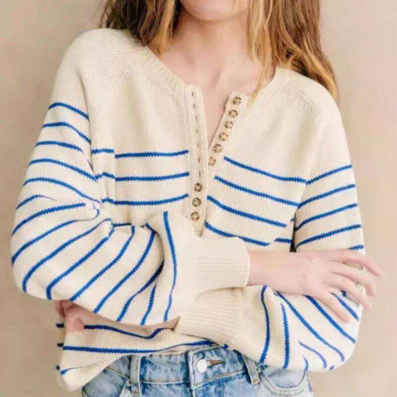 Designer Clothing 2025 Designer Clothing 2025 Women 2024 Autumn And Winter New Striped Knitted Button Round Neck Puff Long Sleeve Sweater