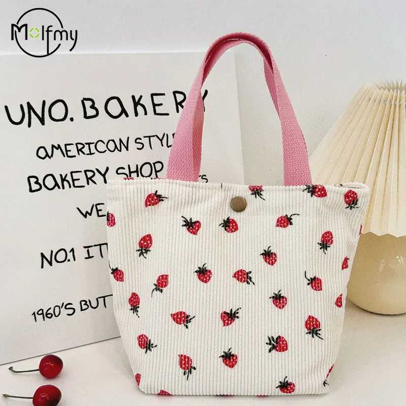Womens Bag Strawberry Cosmetic Lunch Bento Bag Corduroy Female Travel Shoulder Bags Simple Portable Storage Handbags 2024 Y250730
