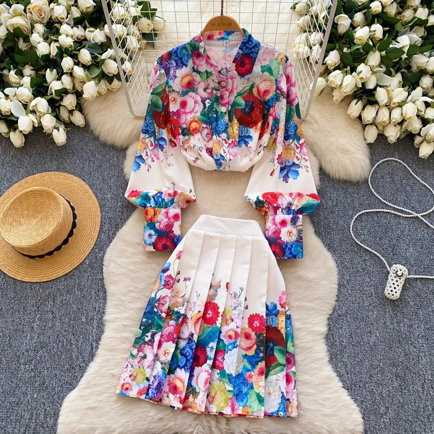 Floral Vintage 2 Piece Sets 2025 Women Clothing Long Lantern Sleeve Blouses High Waist Pleated Skirt Suit Chic Summer Outfits 250728