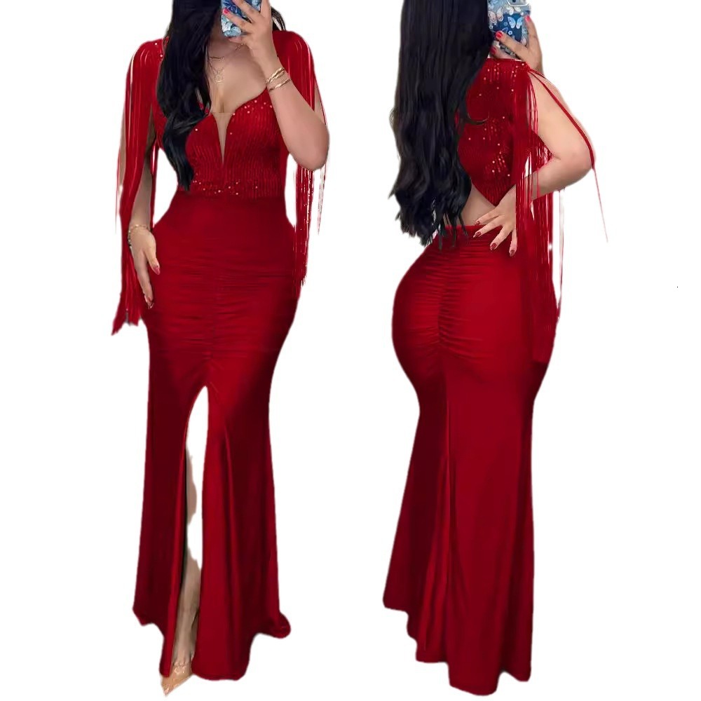 Fashionable pearl wrapped hip sexy dress with round neckline slit tassel sleeves pleated evening gown