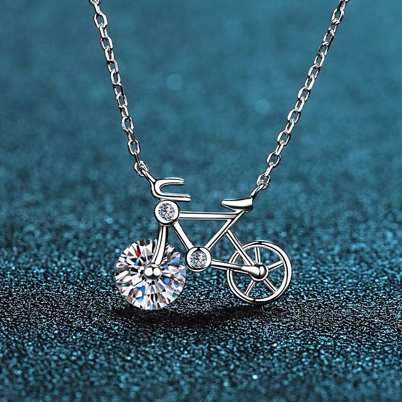 S925 Sterling Silver Pendant with Genuine Moissanite - Elegant Womens Bike Charm Necklace