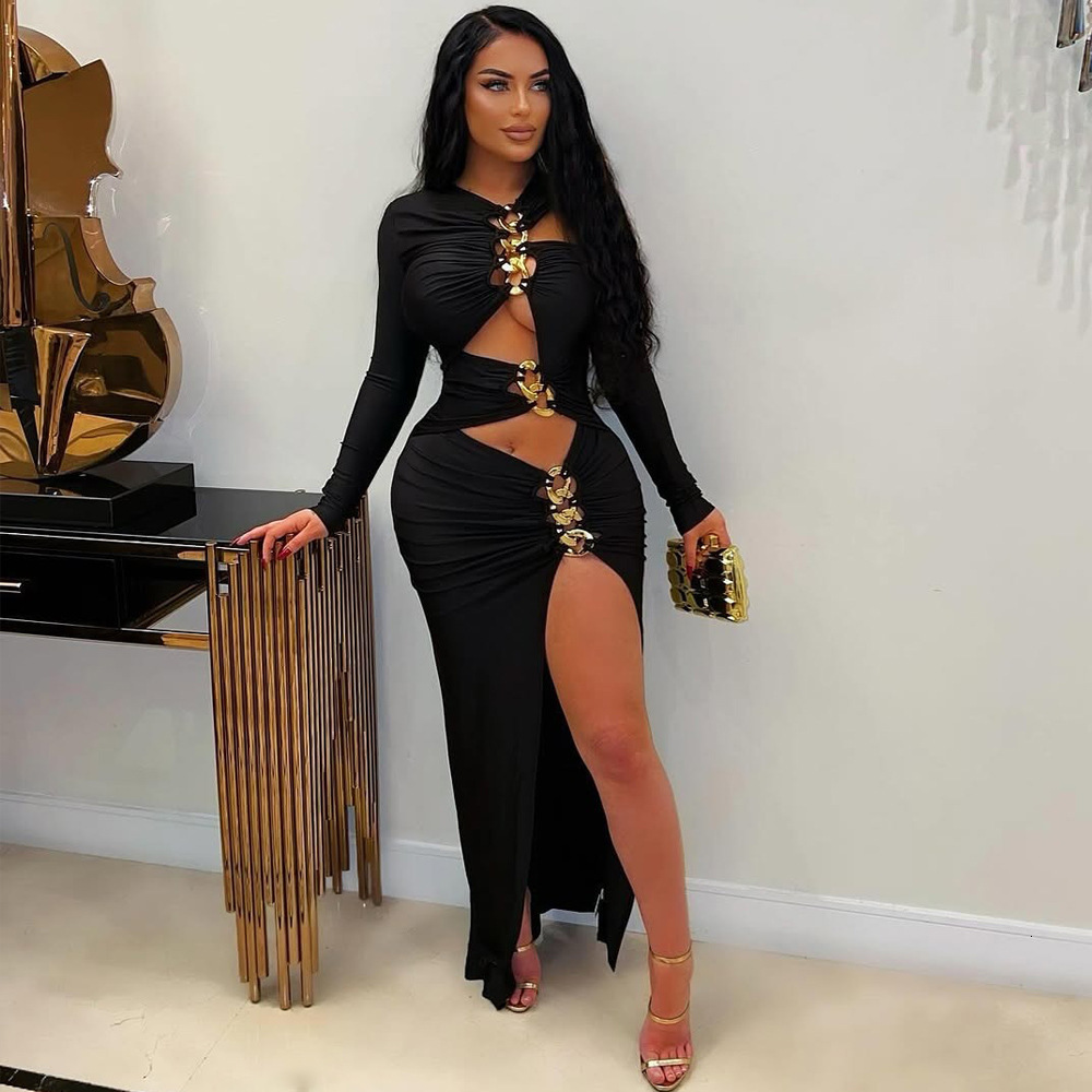 Womens Fashion Hot-Selling Long Sleeve Bodycon Dress Sexy Hollow Out Slit Bodycon Gown