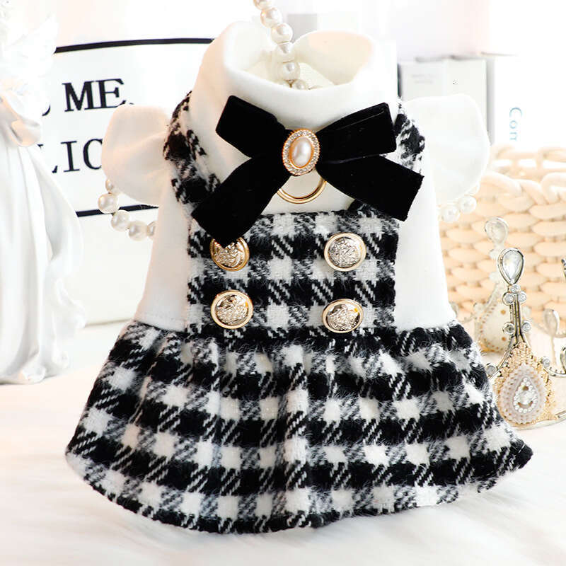 Clothes Autumn Winter Outfit Cat Princess Dress Heart Little Chanel Style Black White Leash Small Dog Teddy Pet 5283