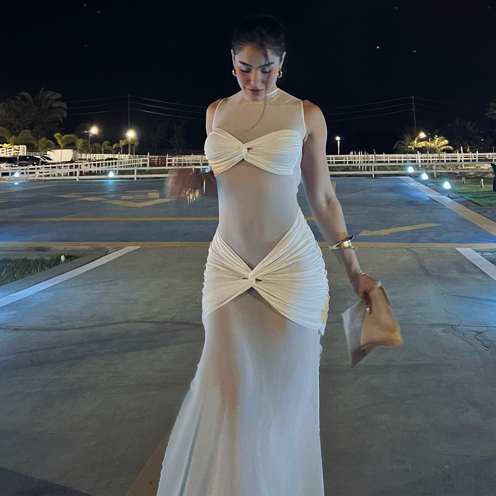 D098DS2025 Spring New Evening Dress Sheer Mesh Sexy Solid Color Bodycon Womens Dress