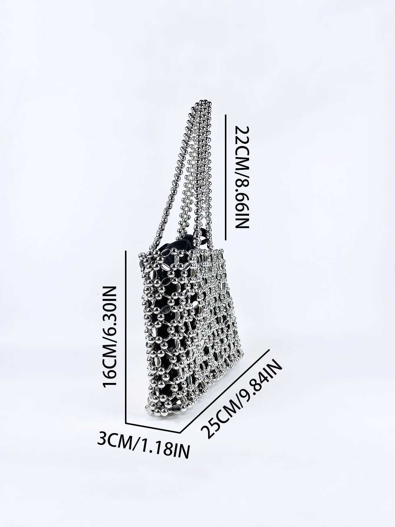 Fashionable niche shiny silver beaded bag woven lightweight hollow beaded versatile shoulder bag Y250730