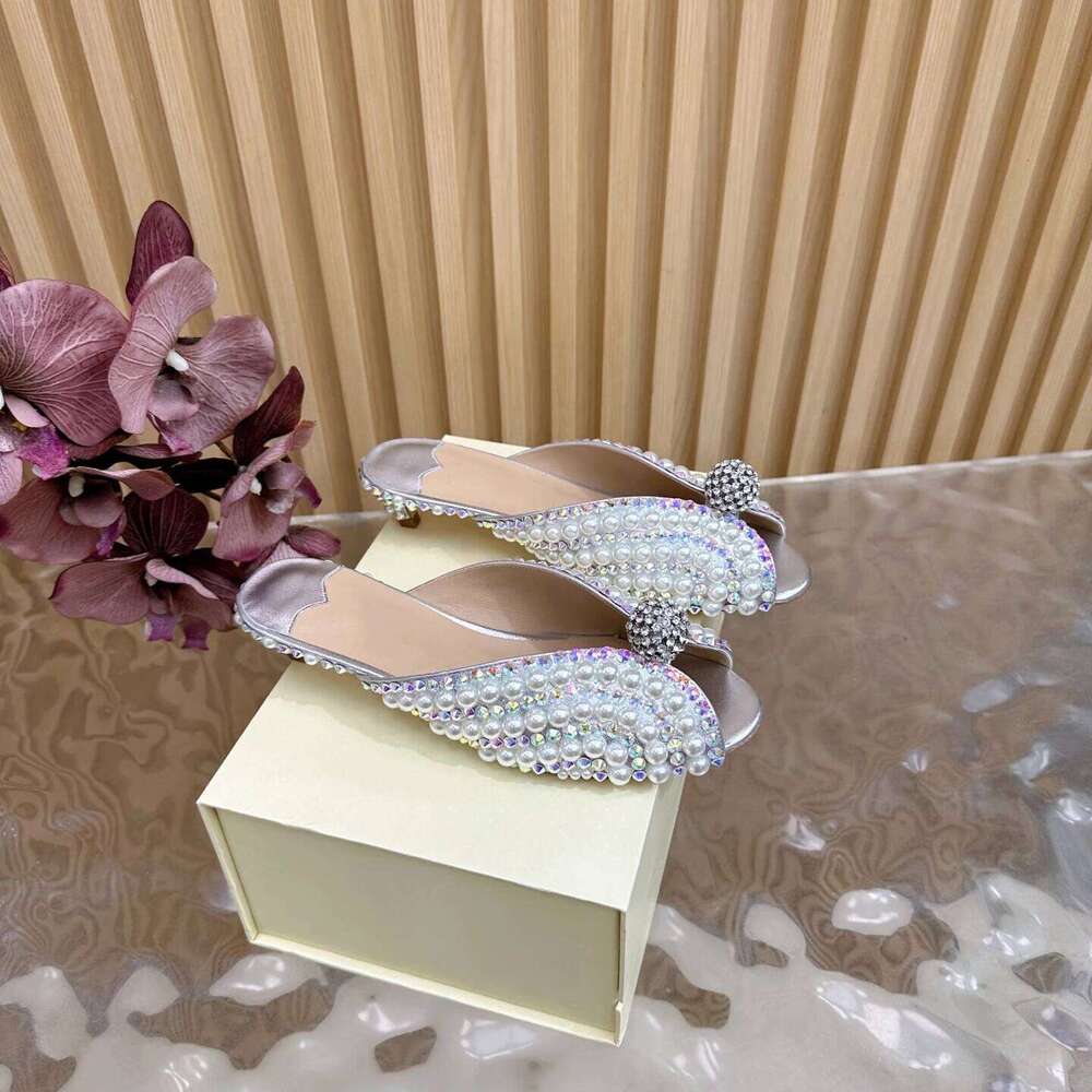 Women Size34-42 Genuine Leather Slippers Low High Heels Pearl Crystals Summer Slides Designer Shoes Zapatillas De Mujer 52c