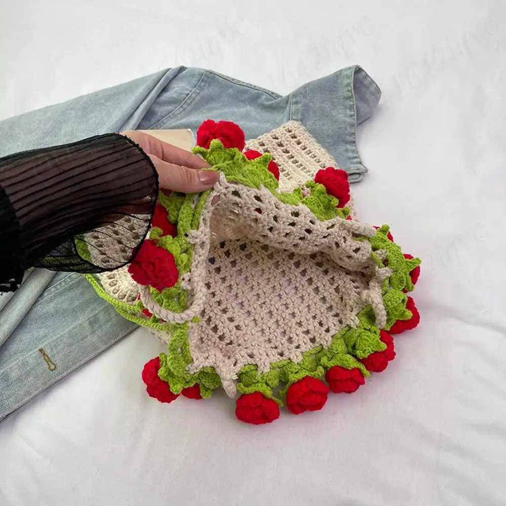 Rose Crochet Handbag 2025 Spring Cute Knitted Shoulder Bag Romantic Designer Floral Hollowed Out Ladies Shoulder Bag Armpit Bags Y250730