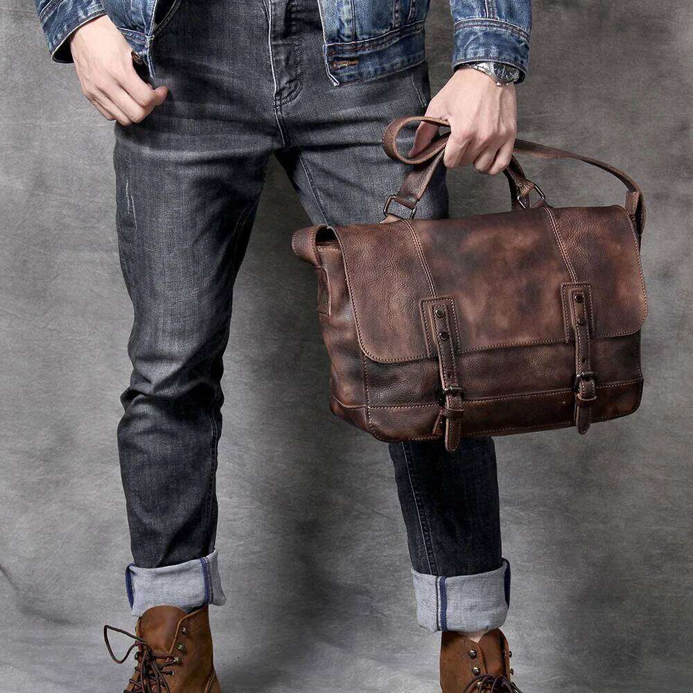 OLOEY S.WORKER Vintage Genuine Leather Men's Briefcase Cowhide Messenger Bag Plant tainning Handbag Retro Casual Style