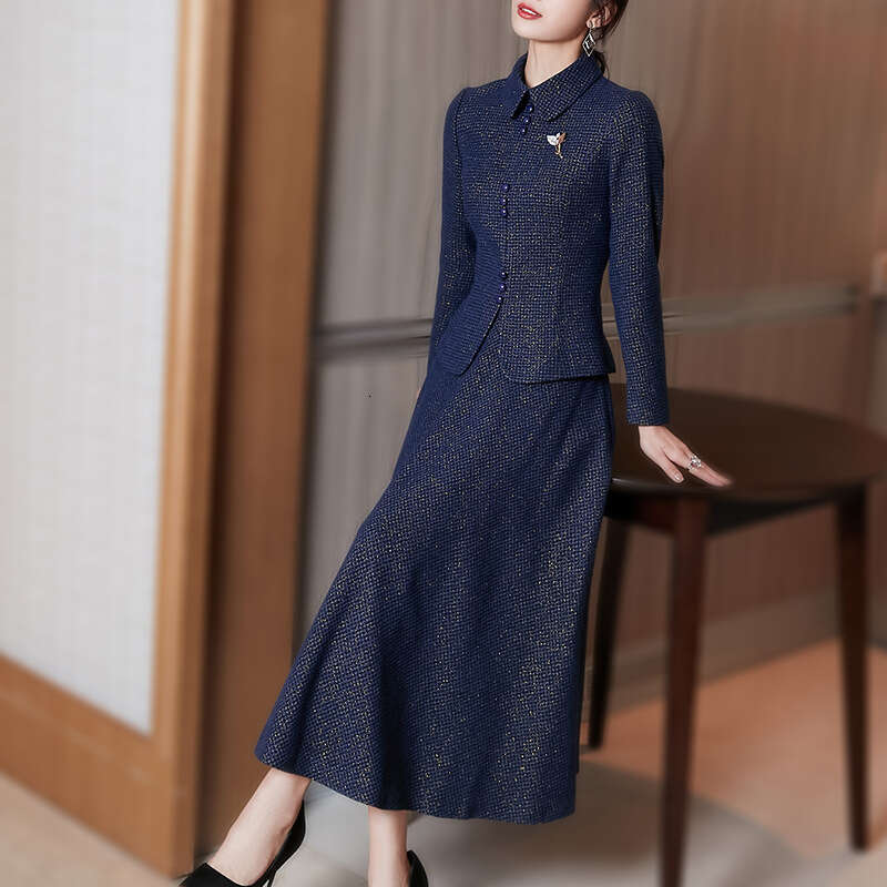 Blue Tweed Style Woolen Suit Autumn New Elegant and Dignified High-end Slimming Two-piece Set for Women