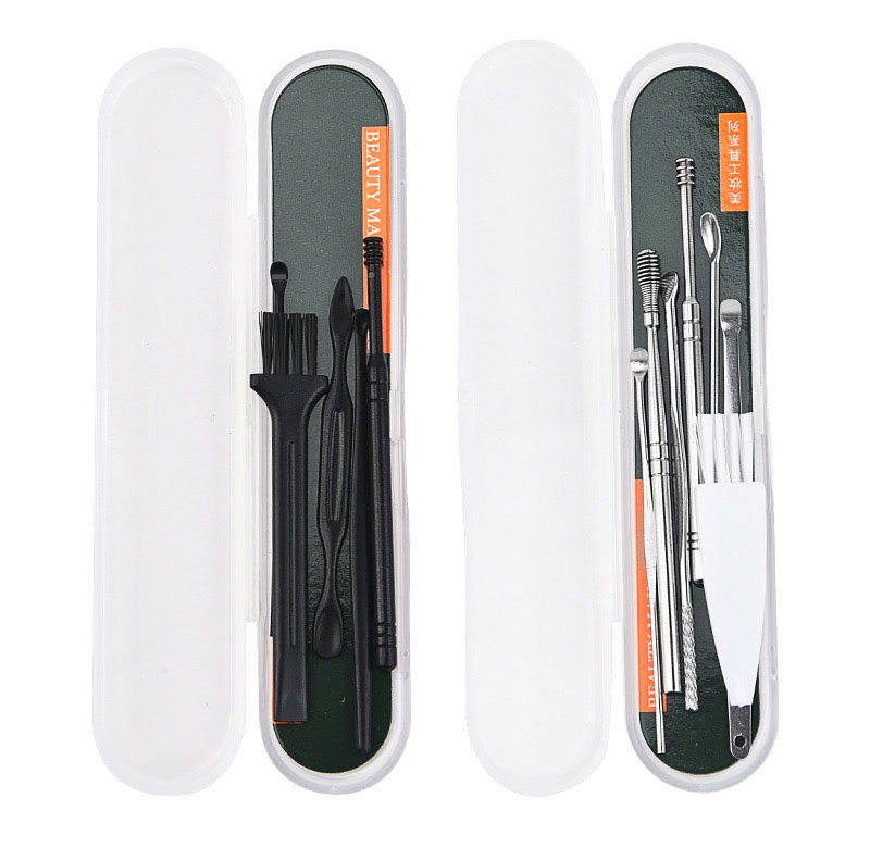 Durable Stainless Steel Ear Scoop Set with Rubber Box - Includes Seven Pieces & Smooth Edges