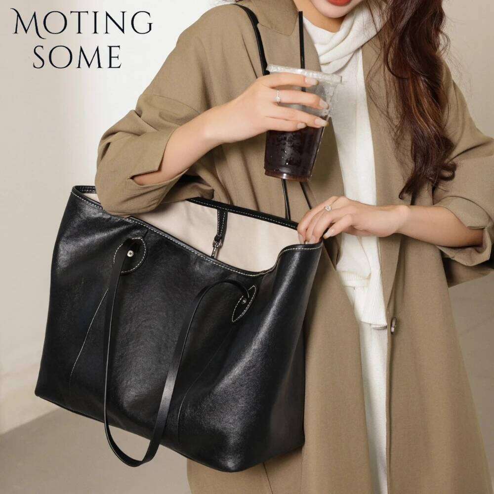 Motingsome Vegetable Tanned Leather Cowhide Women's Minimalism Large Capacity Tote Bag Niche Design Shoulder Handbag