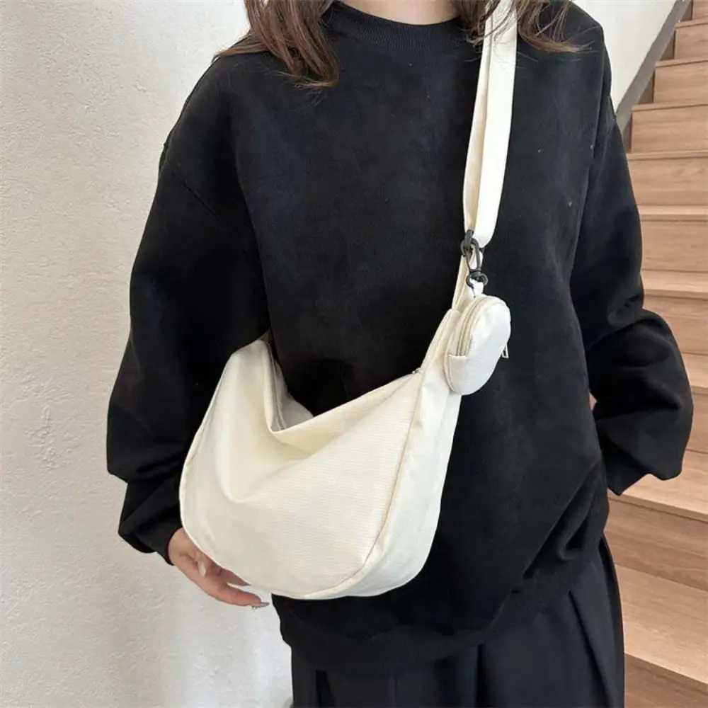 Korean Style Lightweight Shoulder Bag Cream Color Solid Color Canvas Bag with Coin Purse Messenger Bag Large Capacity Y250730