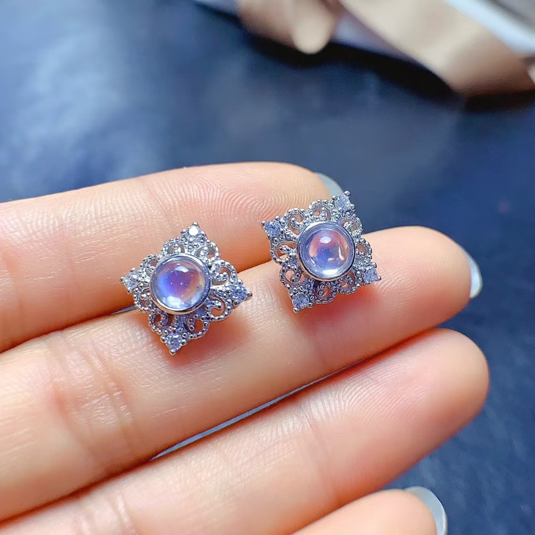 Vintage moon stone Stud Earrings for Party 5mm 100% Natural moonstone Silver Earrings 925 Silver Jewelry allergy free