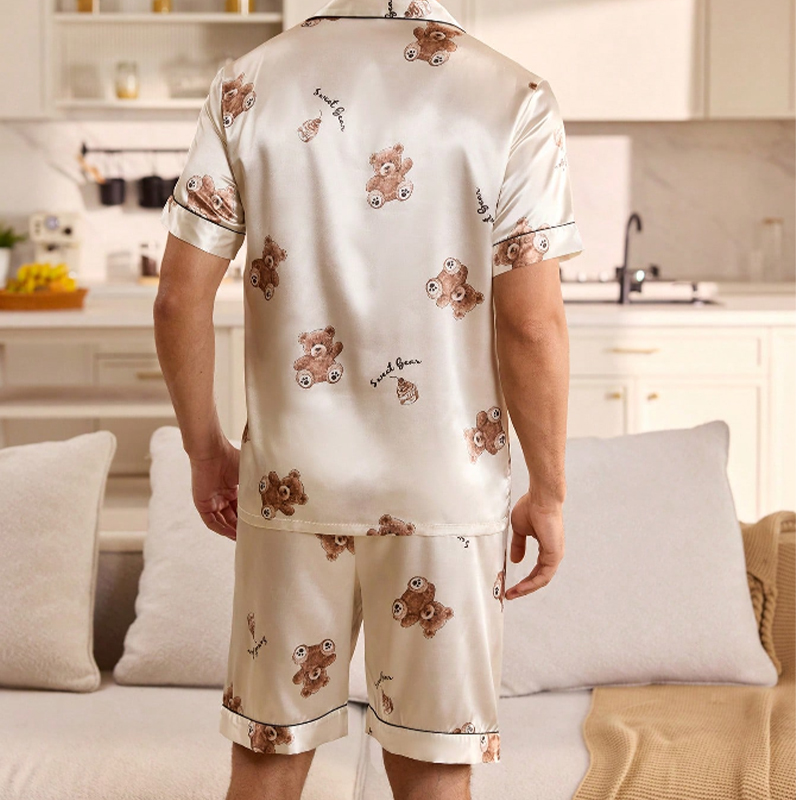 2025 New Men's Satin Pajamas Set Short Sleeve Bear Print Sleepwear Summer Home Lounge Wear