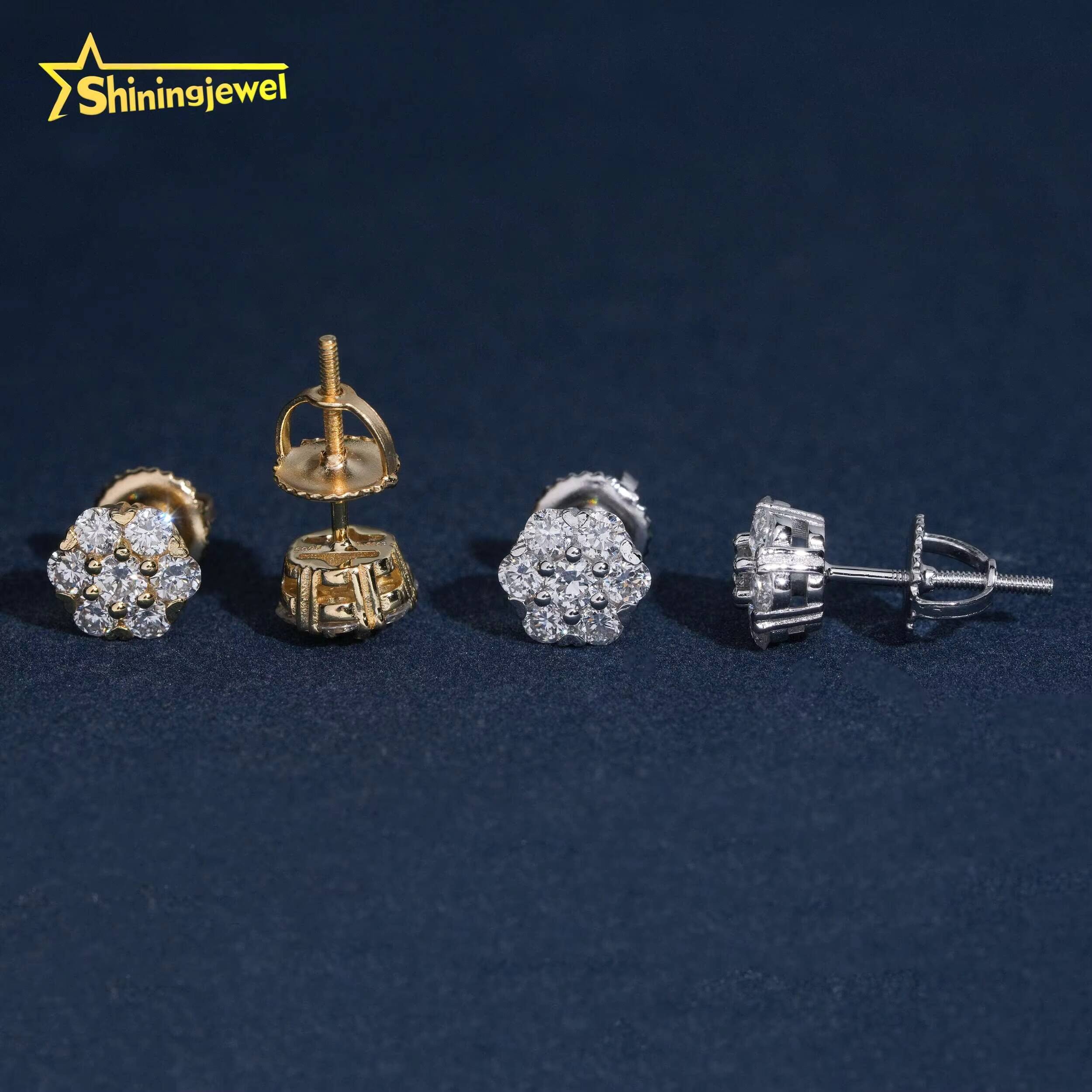 9.5mm Fashion Flower Earrings Cluster Lab Grown Diamond 925 Sterling Silver Iced Out Lab Diamond Screw Back Earrings