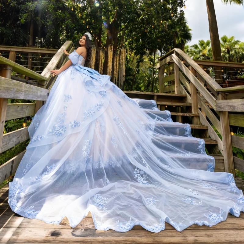 Blue Shiny Quinceanera Dresses Off The Shoulder Applique Lace Beads Bow Champagne Lining Ball Gown Vestidos De 15 Anos Sweet 16 Dress