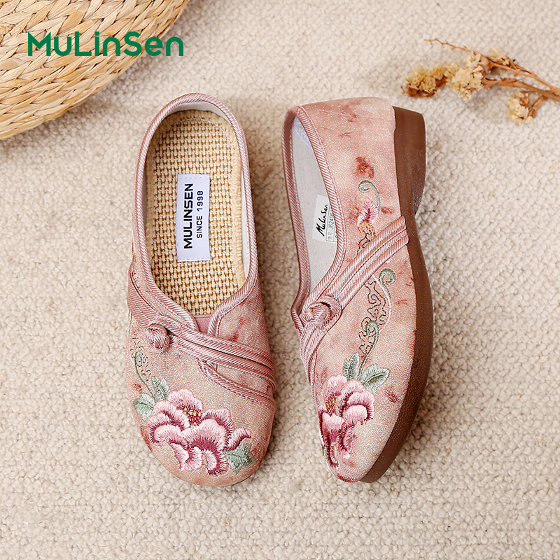 Mulinsen cloth shoes women's embroidered shoes summer breathable ethnic style retro Hanfu old Beijing flat shoes for middle-aged mothers