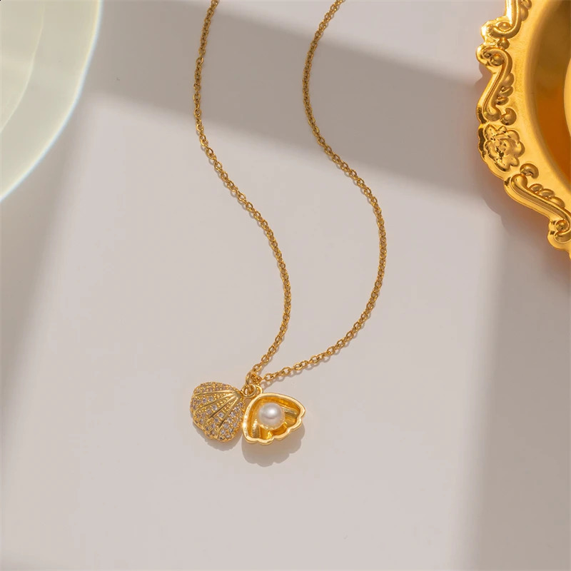 Summer Fashion Crystal Zircon Shell Pearl Pendant Necklace For Women Collar Beach Neck Jewelry 250716