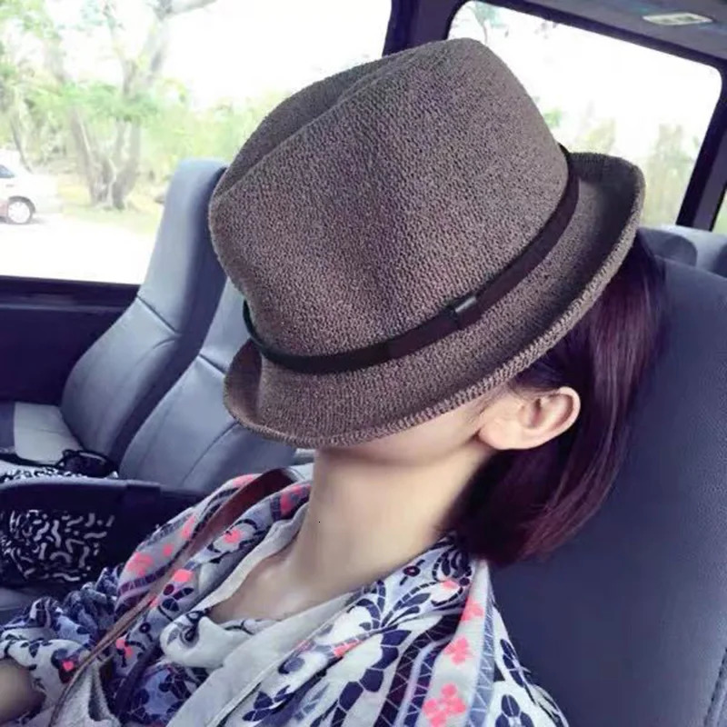 Autumn Vintage Breathable knitting Fedoras curling belt jazz hat women sunshade basin hat versatile fashion Cap 250730