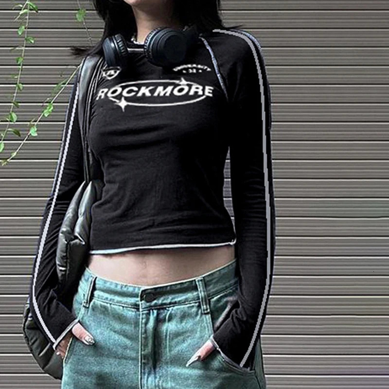 TShirt Women Spring Black Fashion Streetwear Long Sleeves ONeck Crop Top Print Letter Casual Slim Female Tees 250730