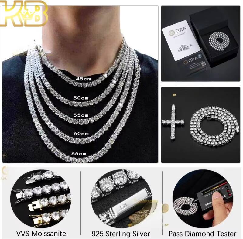 925 Sterling Silver Tennis Chain Men Hip Hop Jewelry Moissanite VVS Diamond Necklace Iced Out Unisex Gift