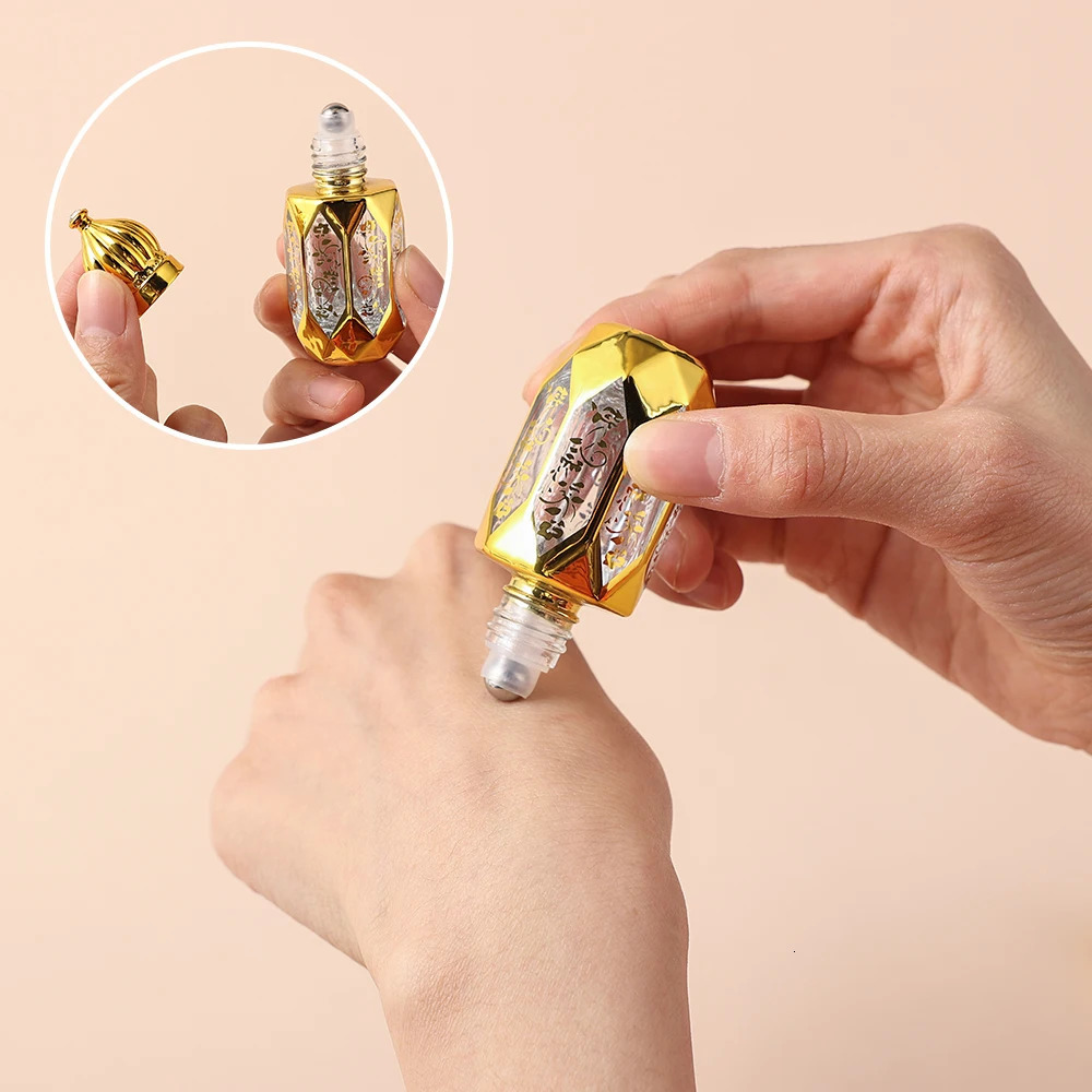 10pcs 12ml Mini Gold Empty Glass Roller Bottles for Essential Oil roll on bottles refillable Travel perfume Octagon bottle 250726