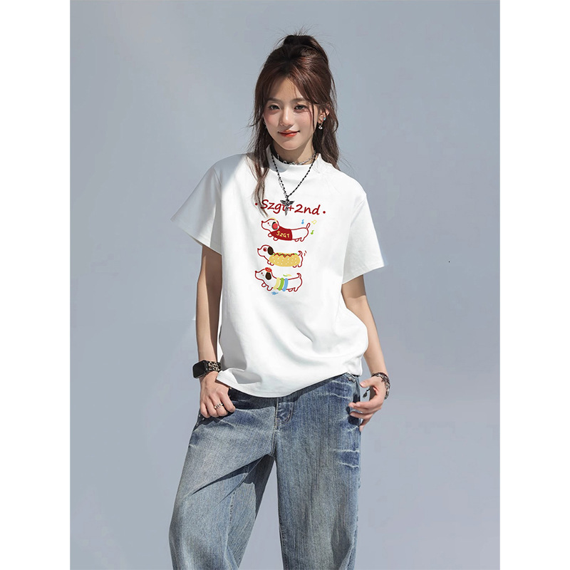 2025 Fashion White Short sleeved Women's T-shirt Loose Multi functional Cartoon Printed Short sleeved New Summer College Style Top New Designer T