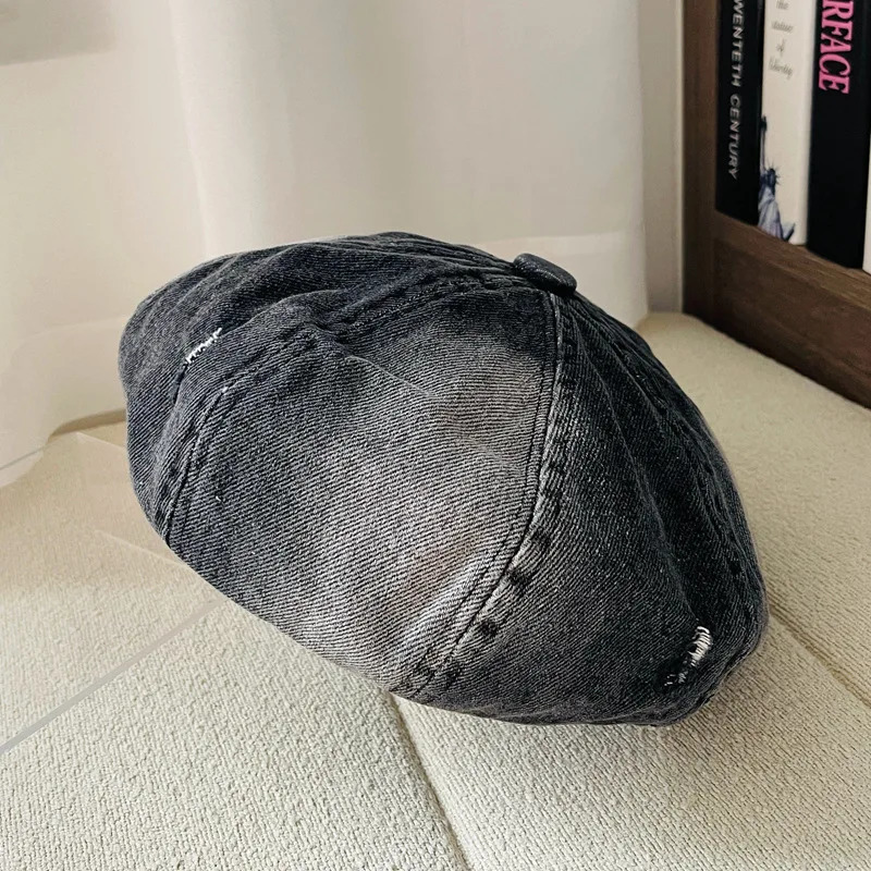 Korean Style Vintage Denim Holed Distressed Beret Hat Women Large Head Size Small Face Painter Caps Breathable Beret 250729