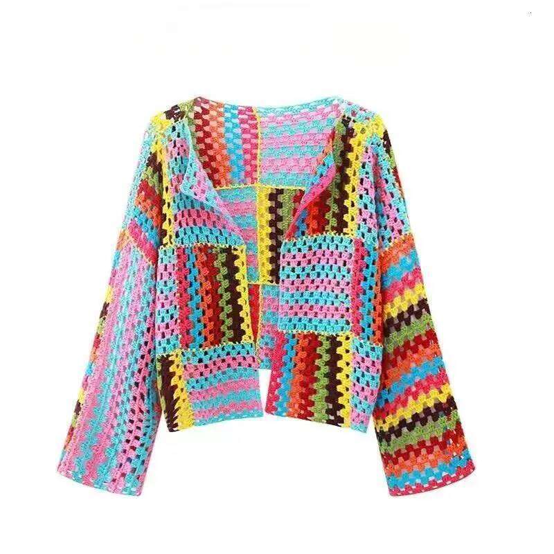Designer Clothing 2025 SALIENCY Colorful Crochet Knit Hollow Cardigan Sweater Jacket Women Spring Top Loose Short Knitwear