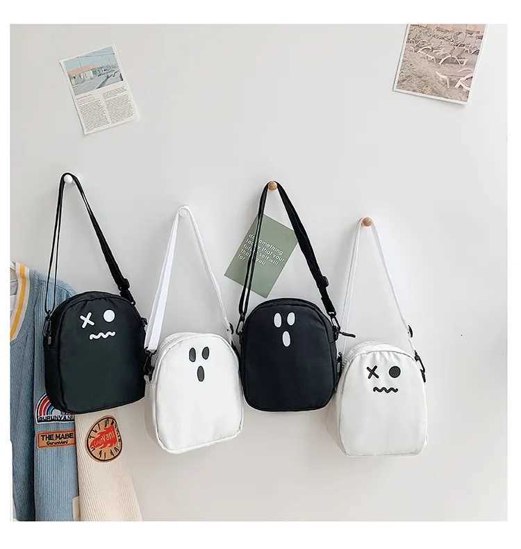 Black White Funny Cute Ghost Kawaii Women Canvas Bag Cartoon Harajuku Chic Ins Shopper Bag Women Shoulder Bags Large Capacity Y250730