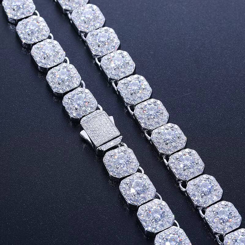 Hot Selling Hip Hop Jewelry Mens 10mm 925 Sterling Silver VVS Moissanite Diamond Iced Out Square Tennis Chain Necklace