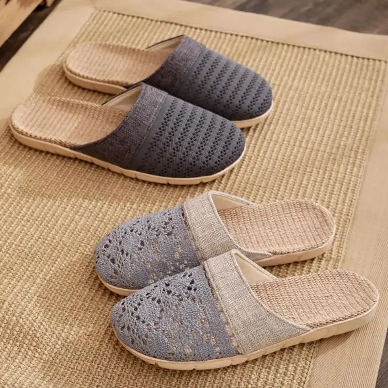 Women Indoor Linen Slippers 2025 Spring Summer Shoes Anti-slip Light Weight Breathable Lace Couples Home Floor Slides 250725